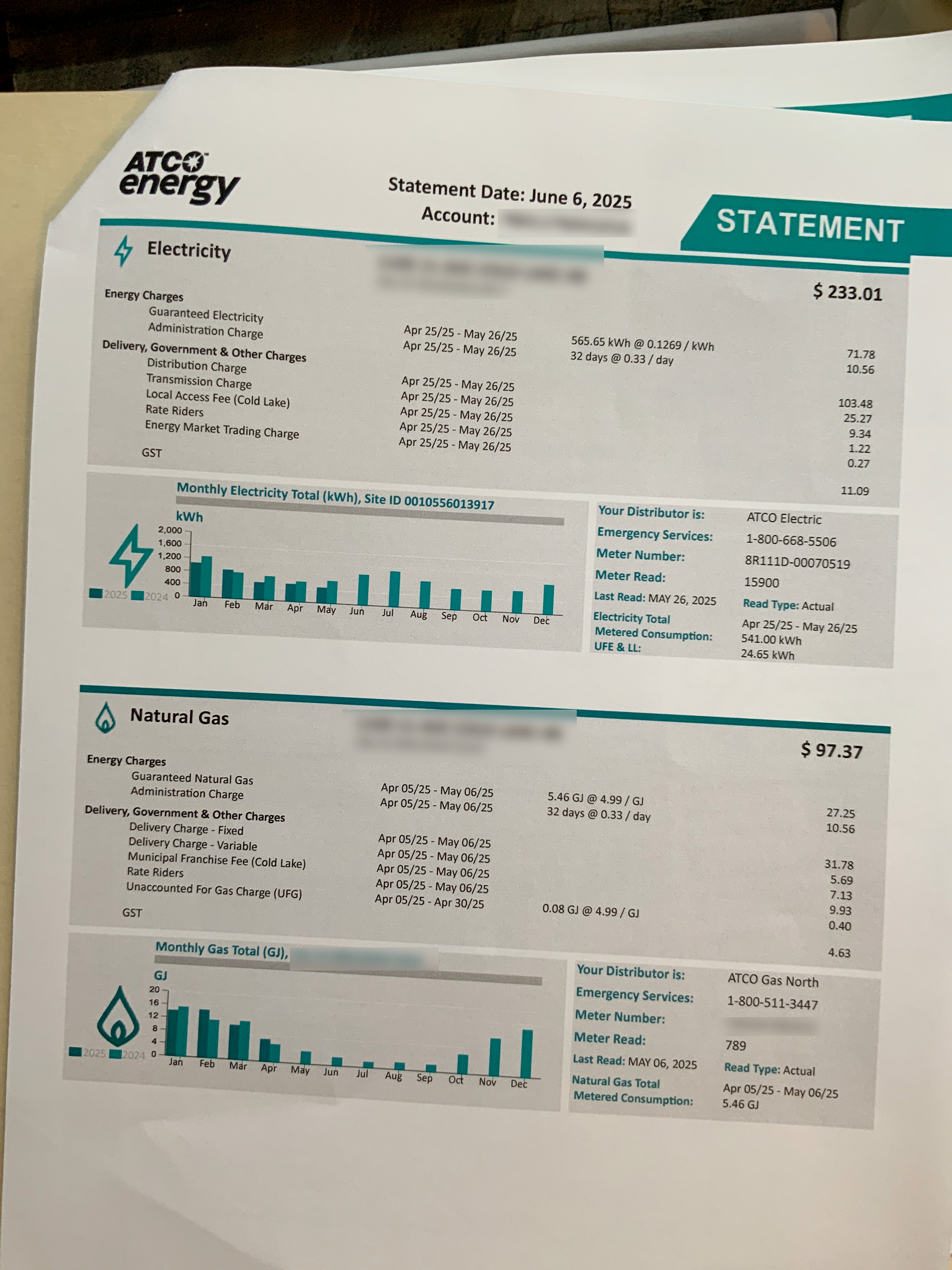 ATCO Energy utility bill from a Cold Lake, Alberta homeowner collected ahead of a solar consultation